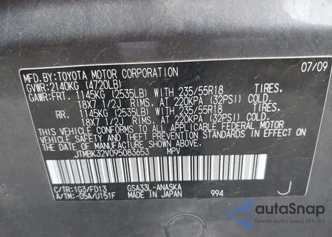 2009 Toyota Rav4 Sport V6 z USA, uszkodzony, nr VIN JTMBK32V095083653